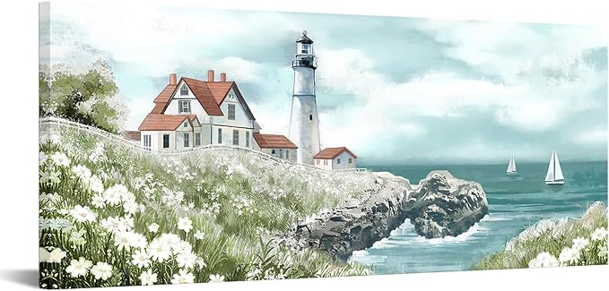 Conipit Coastal Lighthouse Canvas Wall Art Seascape with Sailboats Pictures Portland Lighthouse Painting Ocean Scene Home Decor 20''x48''