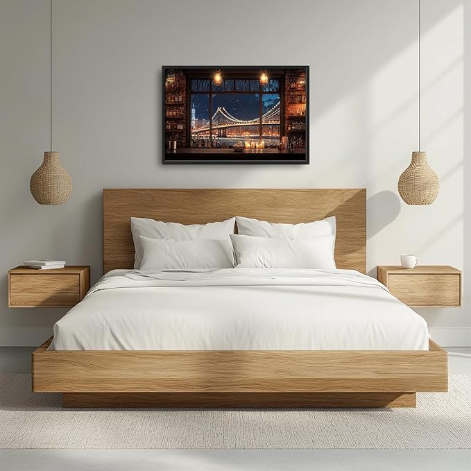 Brooklyn Bridge Large Wall Art for Living Room New York Nighttime Skyline Landscape Framed Pictures Canvas Decor City Prints Painting Extra Large Modern Artwork for Bedroom Office Kitchen 24"x36"