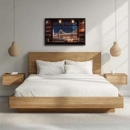 Brooklyn Bridge Large Wall Art for Living Room New York Nighttime Skyline Landscape Framed Pictures Canvas Decor City Prints Painting Extra Large Modern Artwork for Bedroom Office Kitchen 24"x36"