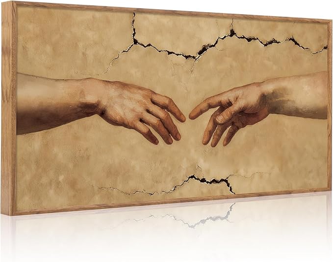 Aurlan The Creation of Adam Framed Wall Art(40"x20"), Large Christian Religious Hands of God Canvas Artwork, Classic Earth Tone Michelanglo Graffiti Street Art Decor for Home Office Bedroom