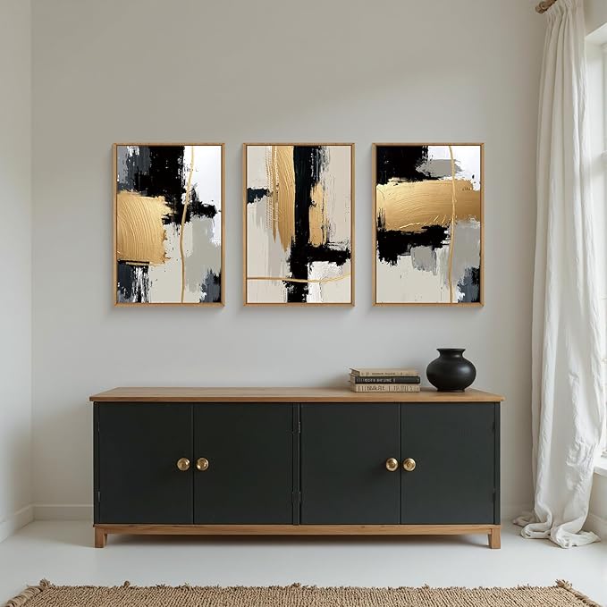 Abstract Black Gold Framed Canvas Wall Art Set,Modern Minimalist Black White Wall Decor,Neutral Color Block Line Art Print for Living Room,Bedroom,Dining Room,Office-16 x24 x3