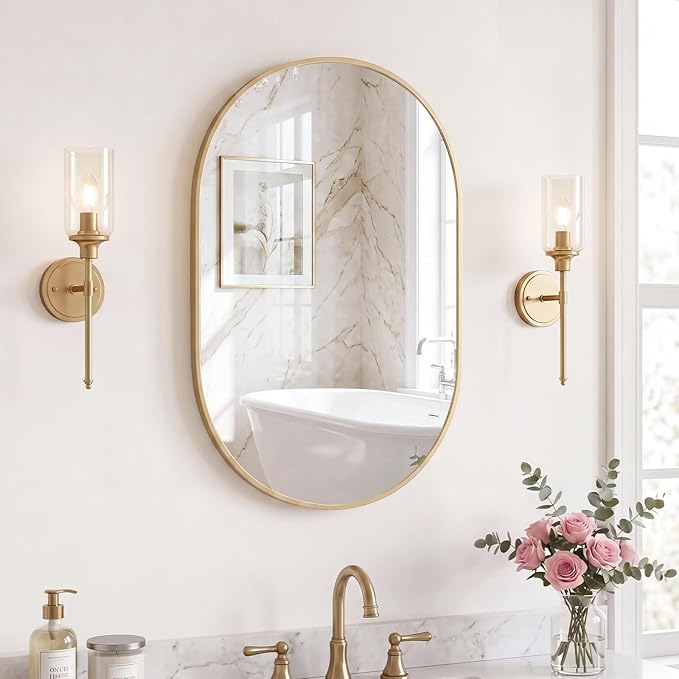 Sweetcrispy 20" x 30" Gold Bathroom Mirror for Wall, Oval Wall Mirror with Metal Frame, Tempered Glass, Modern Vanity Mirror for Over Sink, Living Room, Bedroom, Entryway, Horizontal or Vertical