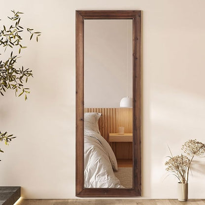 Farmhouse Standing Mirror Full Length, 64"X21" Rustic Wood Frame Floor Mirror with Stand, Full Body Mirror for Bedroom Living Room Entryway, Hanging or Leaning Wall-Mounted, Tempered Glass, Brown