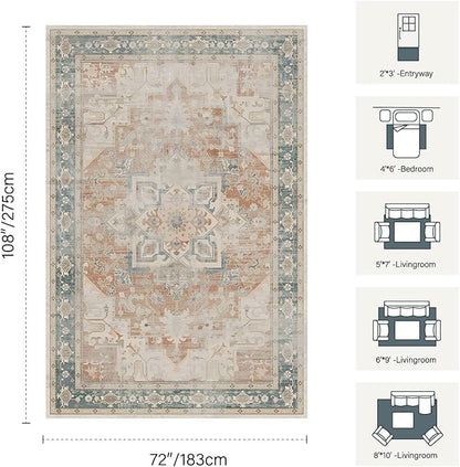 Rugxara 6X9 Orange Boho Rug,Large Washable Area Rugs for Living Room, Neutral Vintage for office, Dining Room, Kids Room, Farmhouse, Low Pile Non Slip Carpet for High Traffic Areas, Coral(orange&blue)