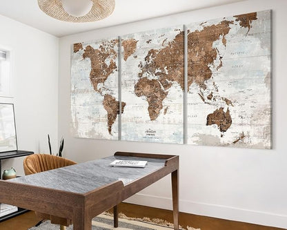 Office Wall Decor Oversized Pictures World Map Wall Art with Push Pins Vintage Paintings for Living Room Dining Room Motivational Art Men's Bedroom Decor Farmhouse