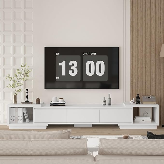 Extendable TV Console Table Modern TV Cabinet with Drawers, Contemporary Entertainment Center Media Storage Console Table for Living Room White (65.4-106.3”W x 15.7”D x 15.4”H)