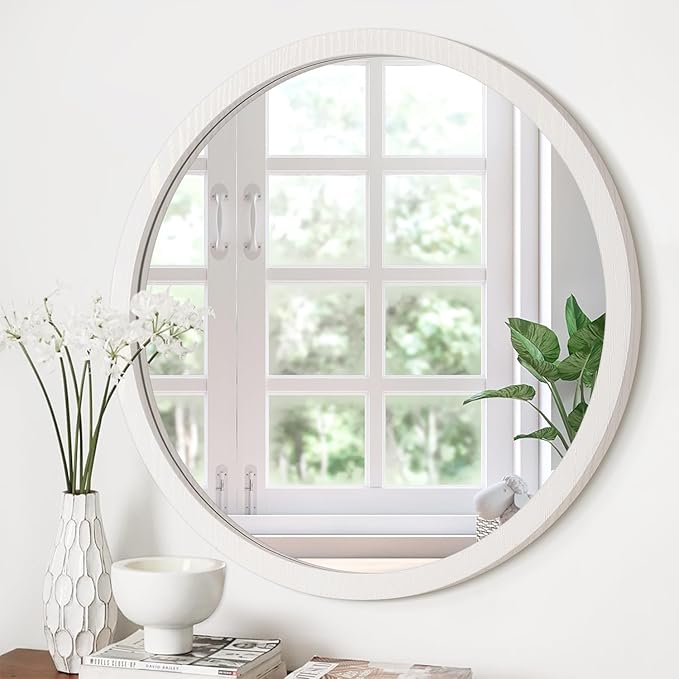 JJUUYOU Large Circle Wall Mirror 24 Inch Large Round Wall Mounted Antique Mirror for Bathroom Wood Frame Mirror for Living Room Bedroom Washroom Dorm