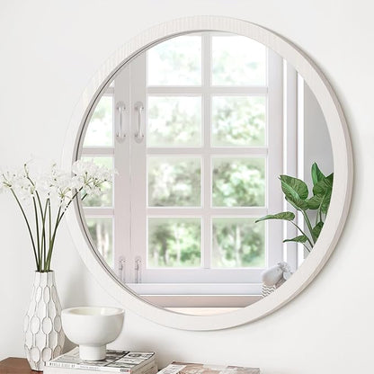 JJUUYOU Large Circle Wall Mirror 24 Inch Large Round Wall Mounted Antique Mirror for Bathroom Wood Frame Mirror for Living Room Bedroom Washroom Dorm