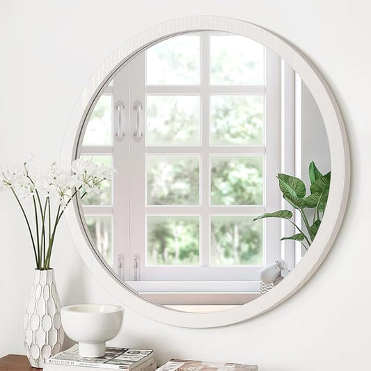 JJUUYOU Large Circle Wall Mirror 24 Inch Large Round Wall Mounted Antique Mirror for Bathroom Wood Frame Mirror for Living Room Bedroom Washroom Dorm