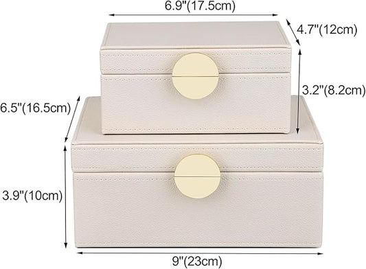 HofferRuffer Faux Leather Jewelry Boxes, Decorative Boxes Storage Accessory Organizer with Gold Hardware Decor, Classic Vegan Leather Set of 2 Pieces (CreamWhite)