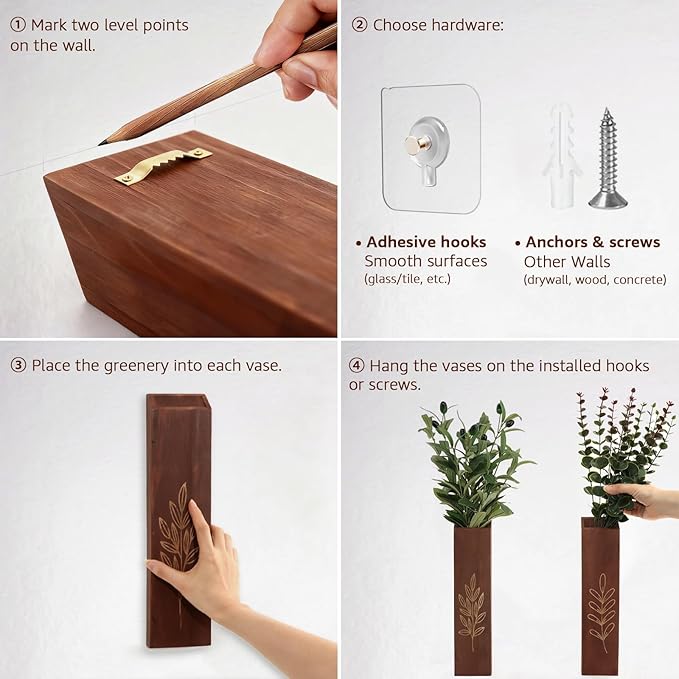 4-Pack Wooden Wall Vases, Slim Pine Wall Planters with 4 Faux Greenery Stems, Adhesive Hooks & Screws, Modern Farmhouse Wall Decor for Living Room, Bedroom, Bathroom (Dark Brown)