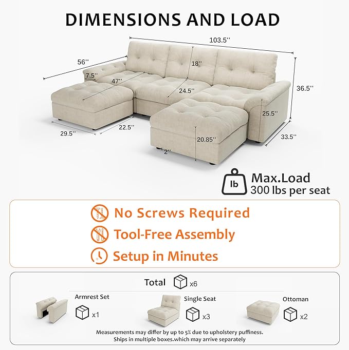 Oversized Modular Sectional Sofa with Storage, Modern Deep Seat Cloud Couch for Living Room, L-Shaped Large Sectional Couch, 3 Seater with 2 Ottomans, Beige