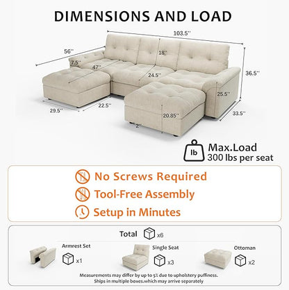 Oversized Modular Sectional Sofa with Storage, Modern Deep Seat Cloud Couch for Living Room, L-Shaped Large Sectional Couch, 3 Seater with 2 Ottomans, Beige