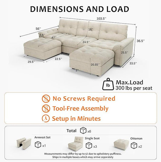 Oversized Modular Sectional Sofa with Storage, Modern Deep Seat Cloud Couch for Living Room, L-Shaped Large Sectional Couch, 3 Seater with 2 Ottomans, Beige
