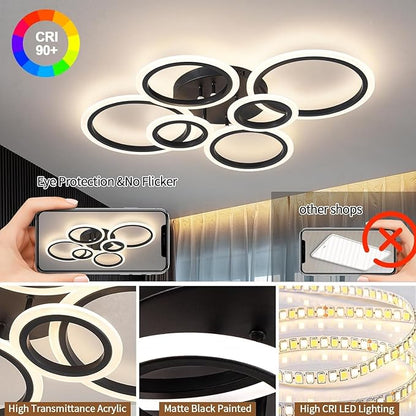 Shine LUEST 6 Rings Black Modern LED Ceiling Light Fixture, Flush Mount Ceiling Light with Remote Dimmable Brightness, Adjustable 3000-6000K Color Temperature, Timer for Living Room, Bedroom