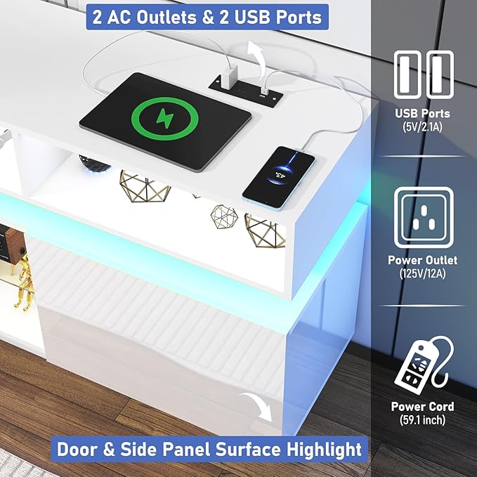 chartustriable LED TV Stand for 95 Inch TV, Modern Tall Entertainment Center with Power Outlets, High Gloss TV Stand, Gaming TV Media Console for Living Room, 83 Inch, White