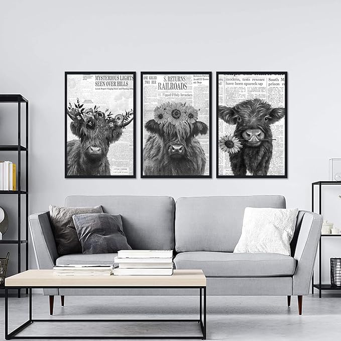 Vintage Scottish Cow Canvas Wall Art Retro Newspaper & Floral Highland Cow Poster Wall Decor Funny Farm Animal Cows Artwork for Apartment Bedroom Country Decoration 24x36inchx3pcs,Framed