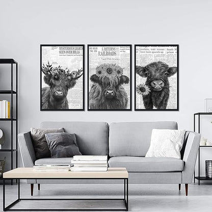 Vintage Scottish Cow Canvas Wall Art Retro Newspaper & Floral Highland Cow Poster Wall Decor Funny Farm Animal Cows Artwork for Apartment Bedroom Country Decoration 24x36inchx3pcs,Framed