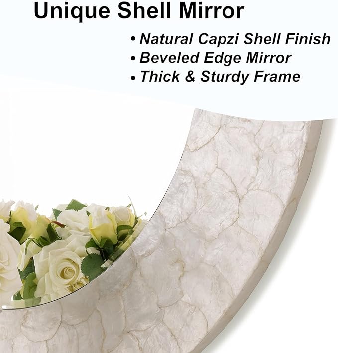 Capiz Shell Round Mirror, 30'' Coastal Mirror with Natural Capiz Seashell Frame, Decorative Circle Wall Mirrors for Living Room Mantel Bathroom Entryway