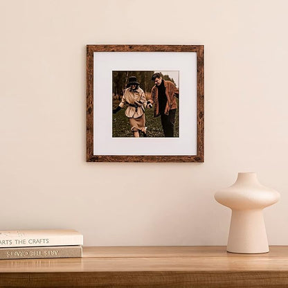 eletecpro 12x12 Picture Frames Set of 9 with Mat for 8x8 Photos or without Mat for 12x12, Square Gallery Wall Decor Collage for Picture Display, Rustic Brown Frame Set for Wall Hanging
