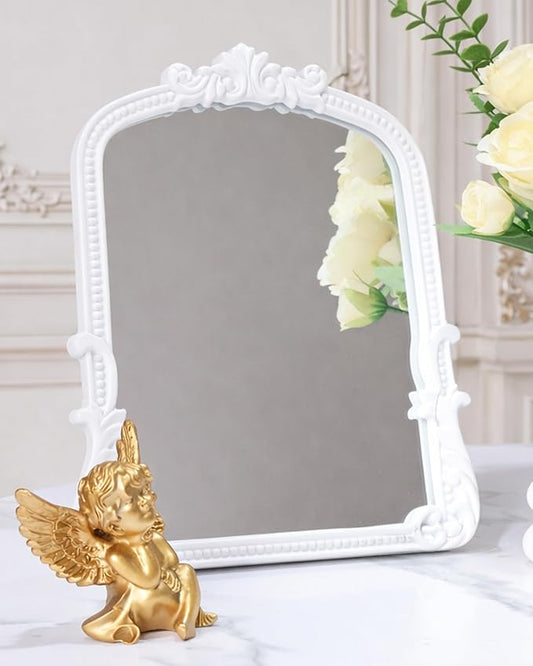Vintage Vanity Small Mirror with Stand,Gold Decorative Mirrors for Wall,Antique Desk Eclectic Home Dresser Decor Small Mirror,Bathroom, Bedroom, Makeup Desk, Wall Entry,11.6" L x 9.0" W White