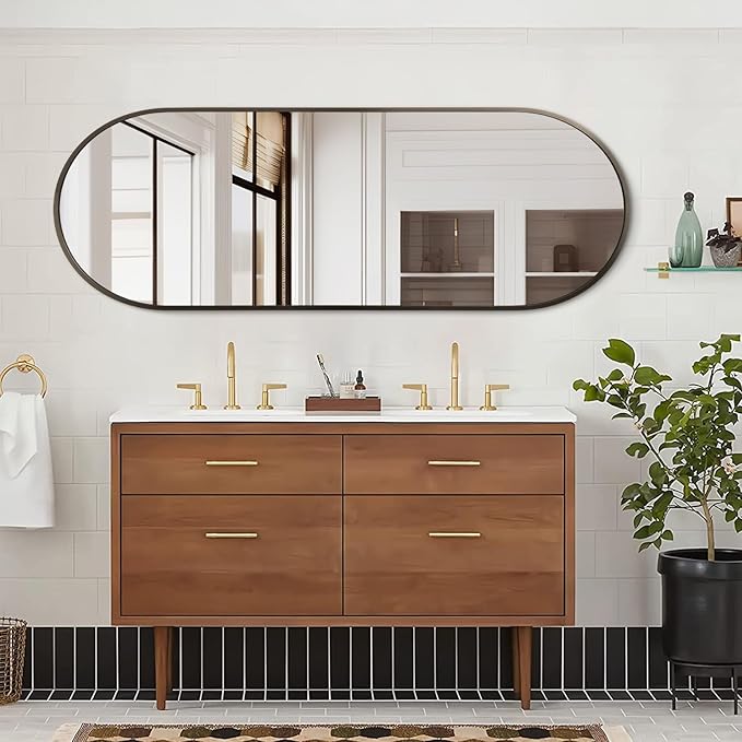 Oval Bathroom Full Length Mirror, Large 48x16'' Pill Shaped Oblong Vanity Wall Mirror, Metal Framed Aluminum Frame Decor Mirror for Living Room Vanity Bedroom Entryway Coffee
