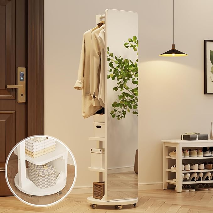 WoodsWhisper Full Length Mirror Coat Rack Solid Wood Floor Mirror 66"x12" Full Length Mirror with Stand Long Mirrors for Bedroom,Living Room (White-Mobile, 66" Lx12 W)