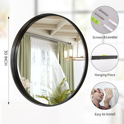 Suidia 30" x 30" Bathroom Mirror, Bathroom Vanity Mirror Metal Framed, Wall-Mounted Mirrors for Bedroom, Living Room, Entryway, Hallway, Black, Round Style