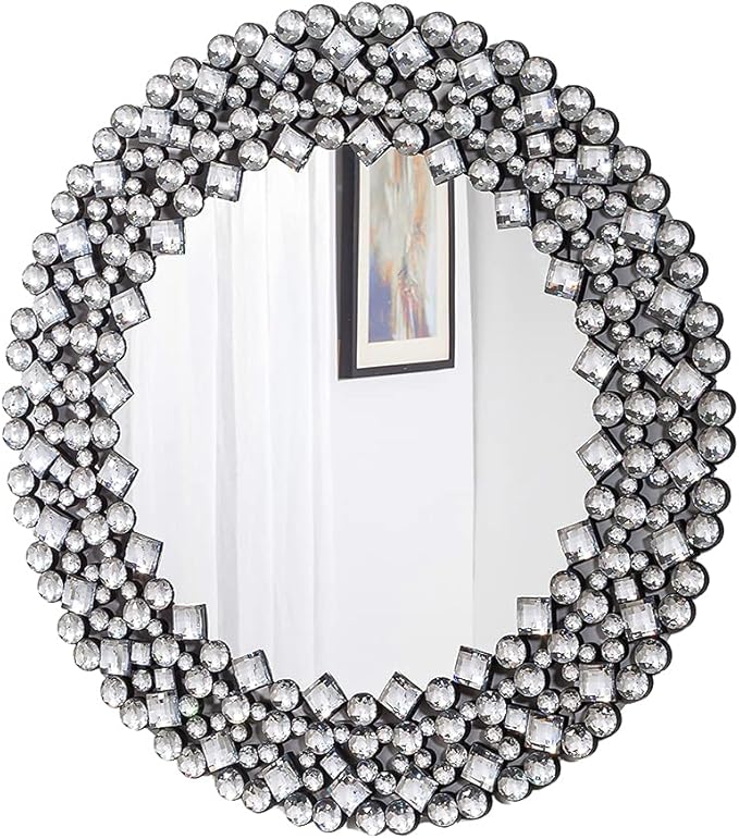 SHYFOY 35.5" Oversize Jeweled Ornate Wall Mirrors Decorative Crystal Accent Round Mirrors for Wall Home Decor, Modern Crushed Diamond Gemstone Mirror for Living Room