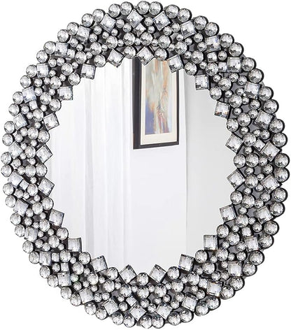 SHYFOY 35.5" Oversize Jeweled Ornate Wall Mirrors Decorative Crystal Accent Round Mirrors for Wall Home Decor, Modern Crushed Diamond Gemstone Mirror for Living Room