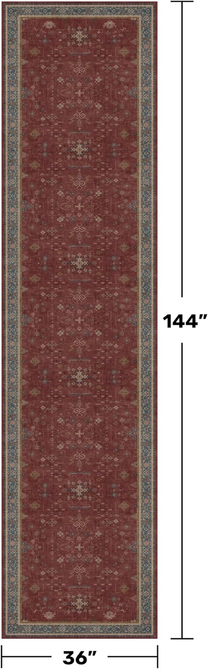 Large Burgundy 3x12 Long Runner Rug for Hallway - Washable Kitchen Rug, Low Pile Thin Carpet for Bedroom Bedside, Foyer, Non Slip Unique Bohemian Red Décor