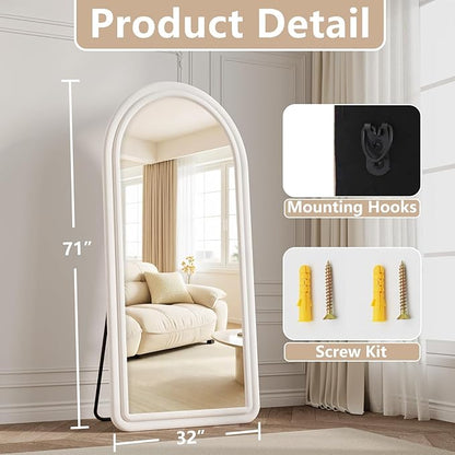 71"x32" Flannel Full Length Mirror, Arched Mirrors Full Length with Stand, Flannel Floor Mirror for Bedroom and Living Room, Full Body Mirror Hanging or Leaning, White