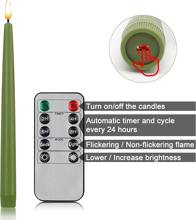 CVHOMEDECO. Flameless Taper Candles with 10-Key Remote, Battery Operated Led Flickering 3D Wick Window Candles Real Wax Finished Home Christmas Party Decor 0.78 x 11 Inch, Pack of 2, Sage Green