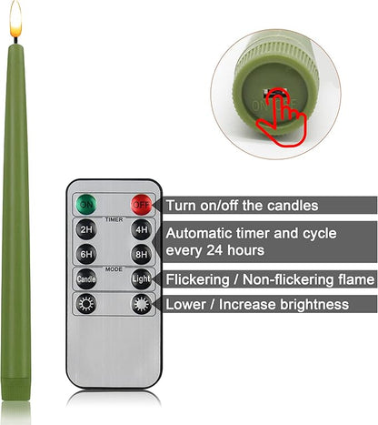 CVHOMEDECO. Flameless Taper Candles with 10-Key Remote, Battery Operated Led Flickering 3D Wick Window Candles Real Wax Finished Home Christmas Party Decor 0.78 x 11 Inch, Pack of 2, Sage Green