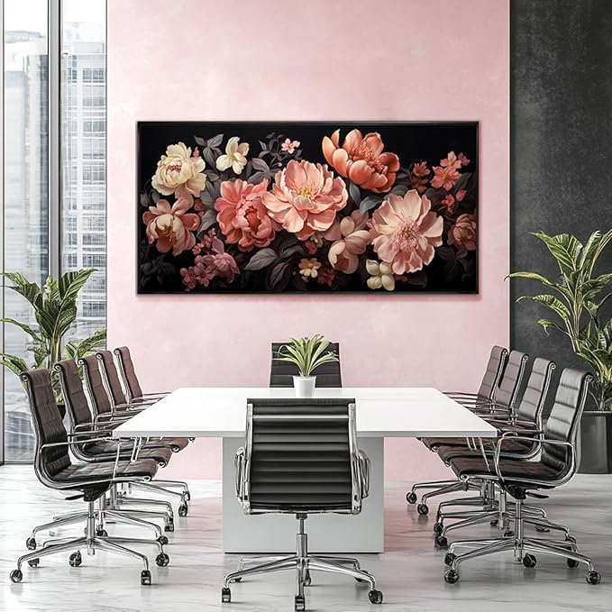 Flower Wall Decor Pink and White Botanical Painting Home Decor Aesthetic Framed Artwork for Living Room Bedroom Office Room Decor 24"x 48"