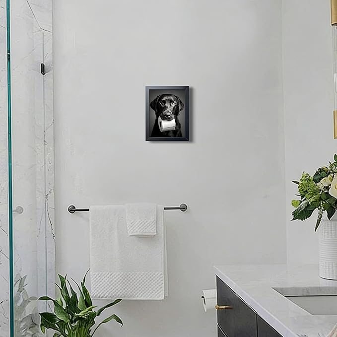 Black and White Bathroom Wall Art, Funny Labrador Dog Canvas Prints Poster, Cute Dog Chewing Toilet Paper Wall Decor, Modern Farmhouse Restroom Bathroom Home 8x10 Inch Framed