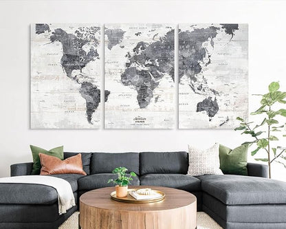 Wall Decor Living Room Office Wall Art Modern Gray Framed Push Pin Travel Map World Motivational Canvas Picture for Bedroom Dining Room Kitchen Wall