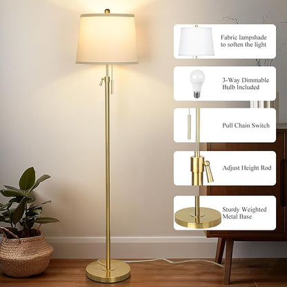 JUNNAI Gold Floor Lamp for Living Room, Tall Standing Lamp 55-65" Adjustable Modern Brass Floor Lamps for Bedroom Reading Office Kids 3 Color Lights Corner Night Stand (9W LED Bulb, White Shade)