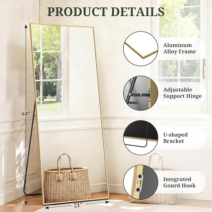 Mirror Full Length 64"x21" Full Body Floor Mirror with Stand, Shatterproof Glass, Aluminum Alloy Frame, Free Standing Wall Mounted or Leaning Rectangle Mirrors for Bedroom Living Room Entryway