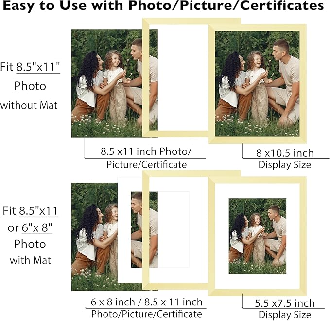 JCJMY 12 Packs 8.5 by 11 Picture Frames, Display 6x8 with Mat or 8.5x11 Without, for Award Certificate Diploma Document, 8.5 x 11 Frames Bulk Set of 12 Photo Frames Set for Wall and Tabletop, Gold