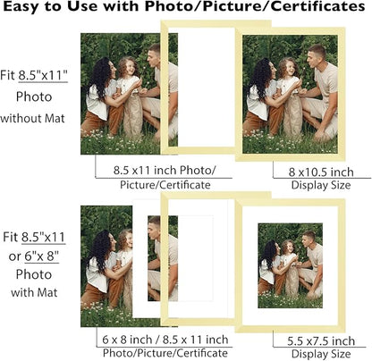 JCJMY 12 Packs 8.5 by 11 Picture Frames, Display 6x8 with Mat or 8.5x11 Without, for Award Certificate Diploma Document, 8.5 x 11 Frames Bulk Set of 12 Photo Frames Set for Wall and Tabletop, Gold
