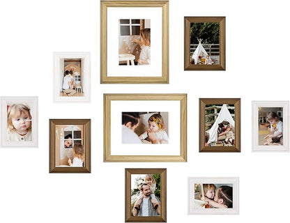 eletecpro Gallery Wall Frame Set of 10, Multiple Sizes Solid Wood Picture Frames Collage Wall Decor Including 2Pcs 8x10, 4Pcs 5x7, 4Pcs 4x6 Photo Frames, Natural, White, Brown