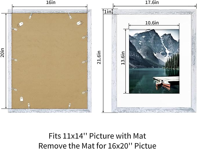 iRahmen 16x20 Picture Frame Set of 2 with Plexiglass, Distressed White Wood Poster Frame Display Pictures 11x14 with Mat or 16 x 20 Without Mat for Photo Wall Mounting