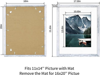 iRahmen 16x20 Picture Frame Set of 2 with Plexiglass, Distressed White Wood Poster Frame Display Pictures 11x14 with Mat or 16 x 20 Without Mat for Photo Wall Mounting
