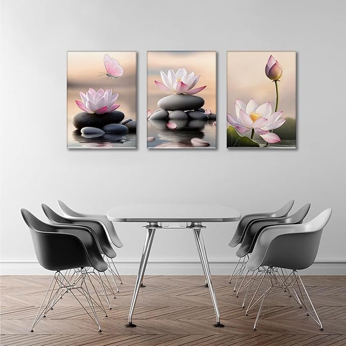 AOYUSMO 3 Piece Lotus Flower Wall Art Zen Bathroom Wall Decor Spiritual Canvas Art Yoga Room Pink Lotus Pictures Meditation Paintings Spa Artwork For Living Room Bedroom