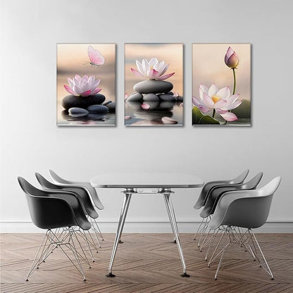 AOYUSMO 3 Piece Lotus Flower Wall Art Zen Bathroom Wall Decor Spiritual Canvas Art Yoga Room Pink Lotus Pictures Meditation Paintings Spa Artwork For Living Room Bedroom