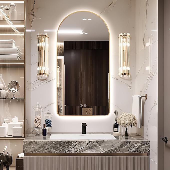 Niccy Arched LED Lighted Bathroom Mirror, 48x24 Inch Backlit Vanity Bathroom Mirror with Lights Brushed Gold Framed Wall Mounted Mirrors with 3 Color Shatterproof Arch Smart Fog Free Mirror