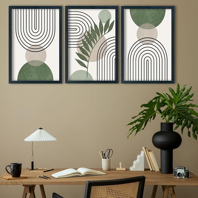 SRSZHIYUE Green Sage Boho Wall Art 16"×11" Set of 3 Abstract Framed Prints Modern Farmhouse Minimalist Geometric Line Leaf Bathroom Sign for Family Living Room Pictures Office Wall Hang Decor (Black)