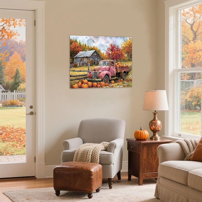 LB Fall Pumpkin Truck Wall Art Vintage Red Truck with Autumn Pumpkins in Farm Canvas Wall Art Farmhouse Harvest Wall Art Decor for Living Room Bedroom Bathroom Office Framed Ready to Hang 16L x 20W