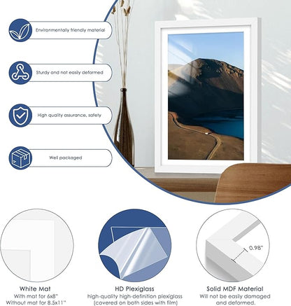 PEALSN 12x18 Picture Frame Set of 6, Display Pictures 11x17 with Mat or 12x18 without Mat for Wall Mounting Display, Photo Frames Collage for Wall Decor, White.